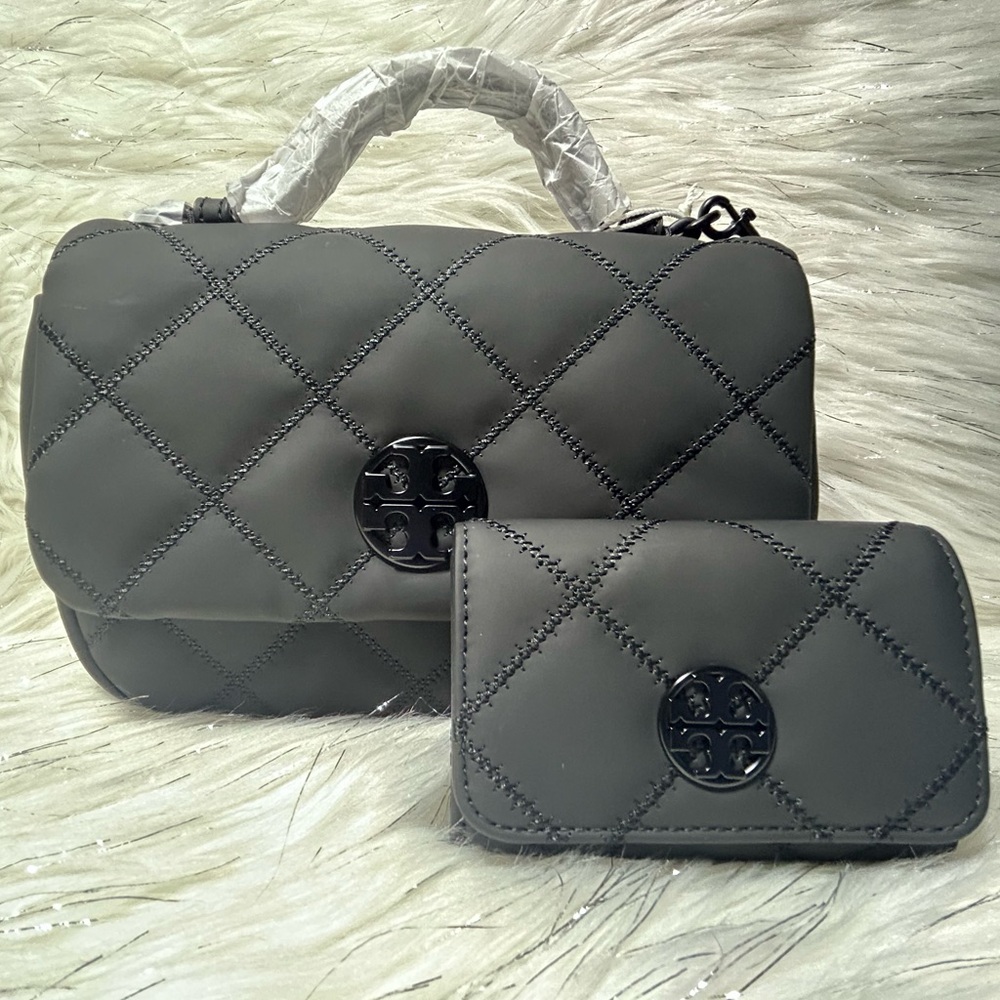 Tory Burch Black Quilted Shoulder Bag with Logo with matte black wallet bundle